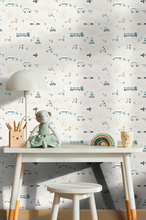 Sanders & Sanders behang auto's vergrijsd blauw en lichtbeige - 53 cm x 10 m - 640289