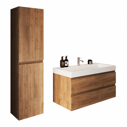 LOMAZOO badmeubelset Azuro - met kolomkast & witte wastafel - warm eiken - 100 cm