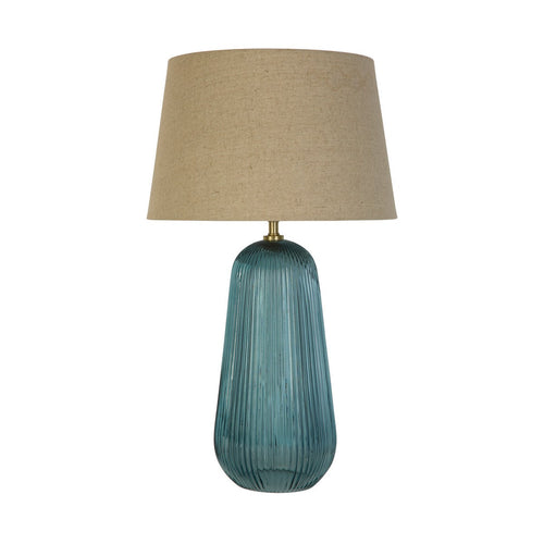 Searchlight Cameo 1-lichts tafellamp, blauw glas met natuurlijke linnen kap