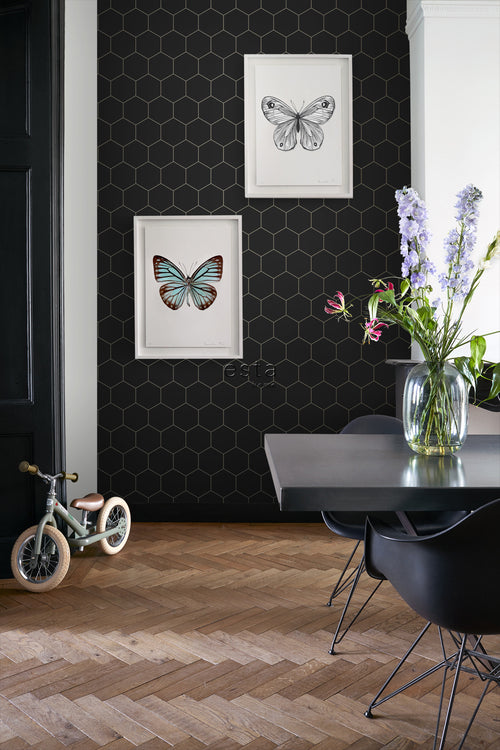 ESTAhome behang hexagon zwart en goud - 53 cm x 10.05 m - 139313