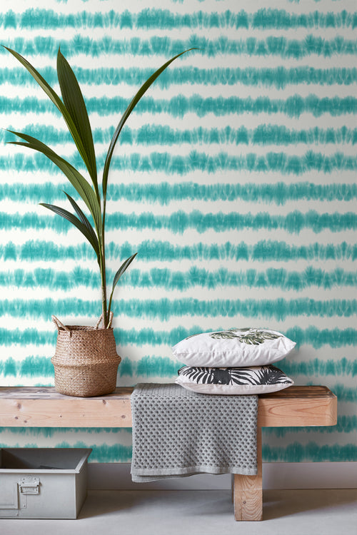 ESTAhome behang horizontale tie-dye shibori strepen turquoise 53 cm x 10.05 m 148687