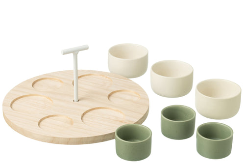 J-Line tapasplank 6 kommen + bambouschaal In Doos - keramiek/hout - wit/groen