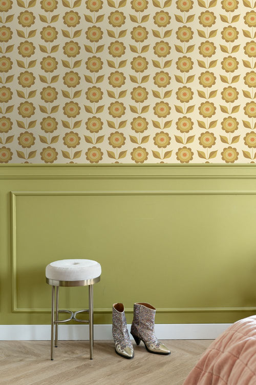 ESTAhome behang bloemen olijfgroen en okergeel - 50 x 900 cm - 130978