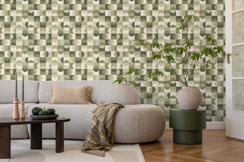 ESTAhome behang cirkels in Bauhaus stijl vergrijsd groen en beige - 50 x 900 cm - 130940 - vtwonen shop
