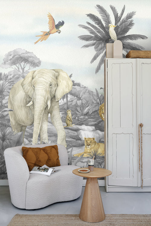 Sanders & Sanders fotobehang jungle dieren grijs - 270 x 225 cm - 601204 - vtwonen shop