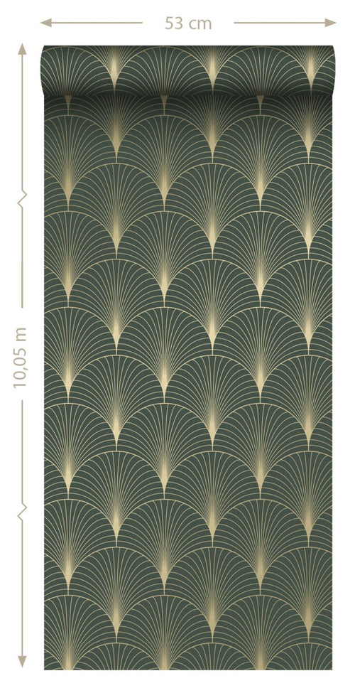ESTAhome behang art deco motief donkergroen en goud - 53 cm x 10.05 m - 139584