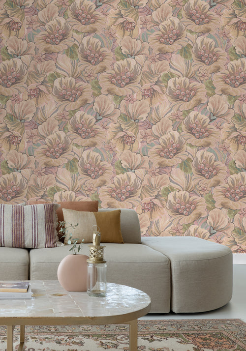 ESTAhome fotobehang geborduurd bloemmotief bruin, beige en oudroze - 2.5 x 2.79 m - 159530 - vtwonen shop