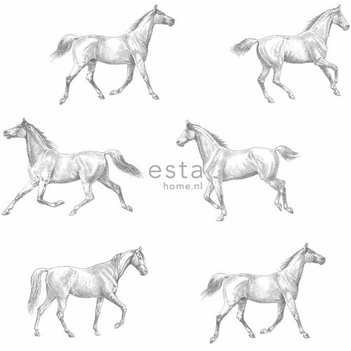 ESTAhome behang getekende paarden zwart op wit - 53 cm x 10.05 m - 128807