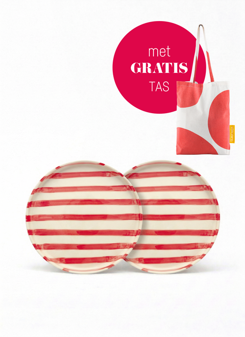 vtwonen -  Lunchbord - Strepen - Rood - Set van 2 - Keramiek - 20cm