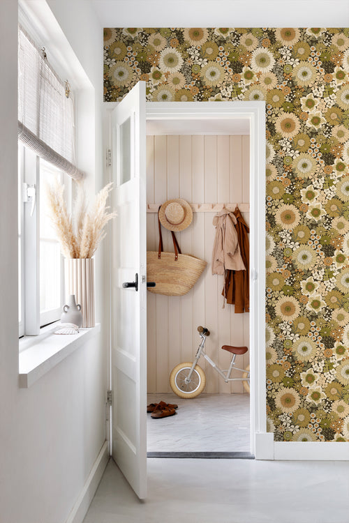 ESTAhome behang retro bloemen olijfgroen en oranje bruin - 50 x 900 cm - 131317 - vtwonen shop