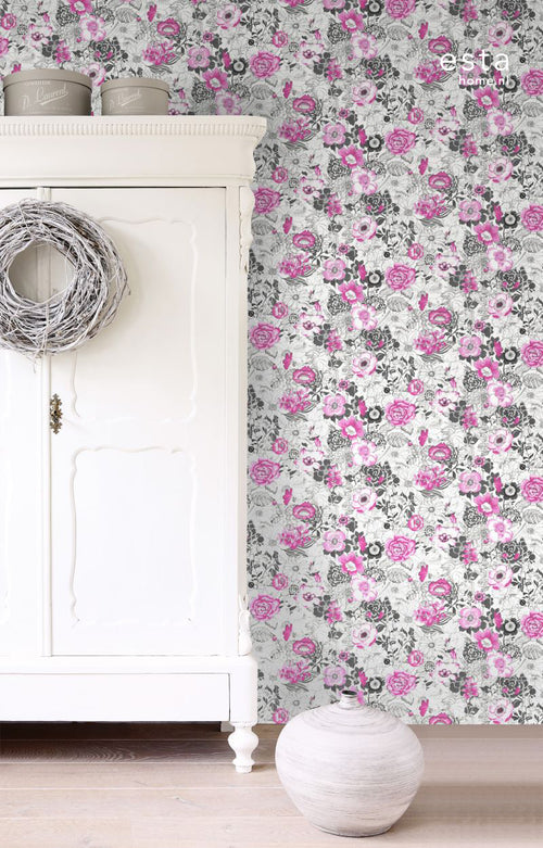 ESTAhome behang bloemen roze en zwart - 53 cm x 10.05 m - 138504
