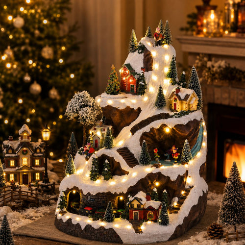 Luville Kerstdorp Miniatuur Skipiste - Kerstversiering met Ronddraaiende Kerstboom en Rijdend Treintje - Kerst Decoratie met Verlichte Huisjes -