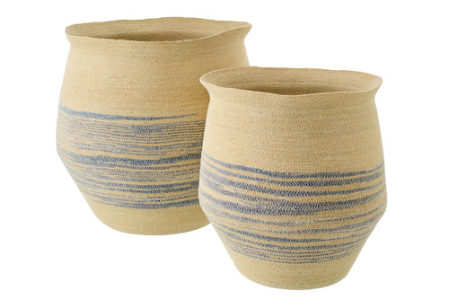 J-Line mand Gestreept - zeegras - naturel/blauw - set van 2