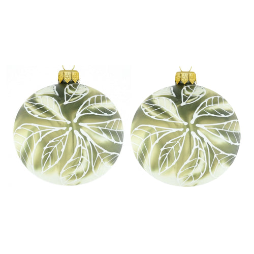 Dagmara kerstbal – olijfgroen – glas – set van 2 – met marmer effect en een wit bladmotief - vtwonen shop