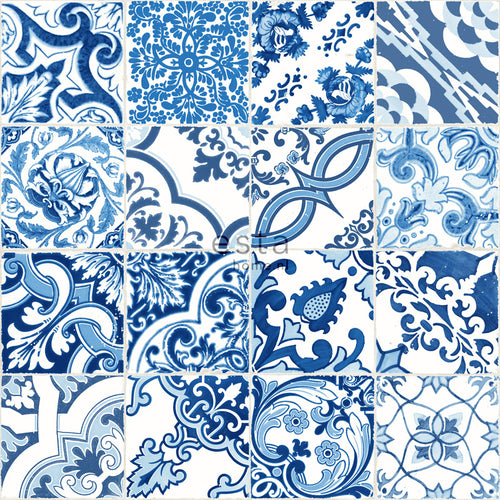 ESTAhome behang tegelmotief blauw - 53 cm x 10.05 m - 148636