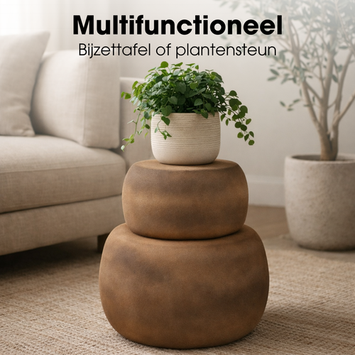Mica Decorations Zea Bijzettafel - Bijzettafeltje Rond - Woonkamer Decoratie - 37 x 43 cm - IJzer, MDF, Fluweel - Bruin Antiek