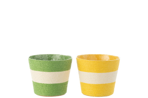 J-Line bloempot Touwtjes Streep - papier - geel/groen - medium - 2 stuks - Ø 15 cm - vtwonen shop