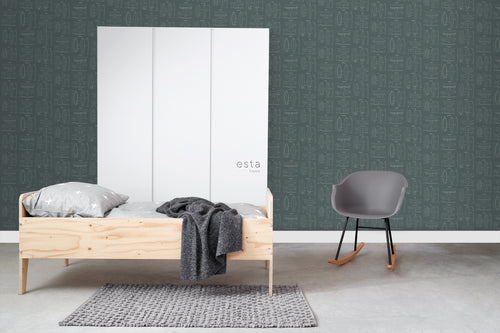 ESTAhome behang technische tekeningen van surfplanken vergrijsd groen - 53 cm x 10.05 m - 128870