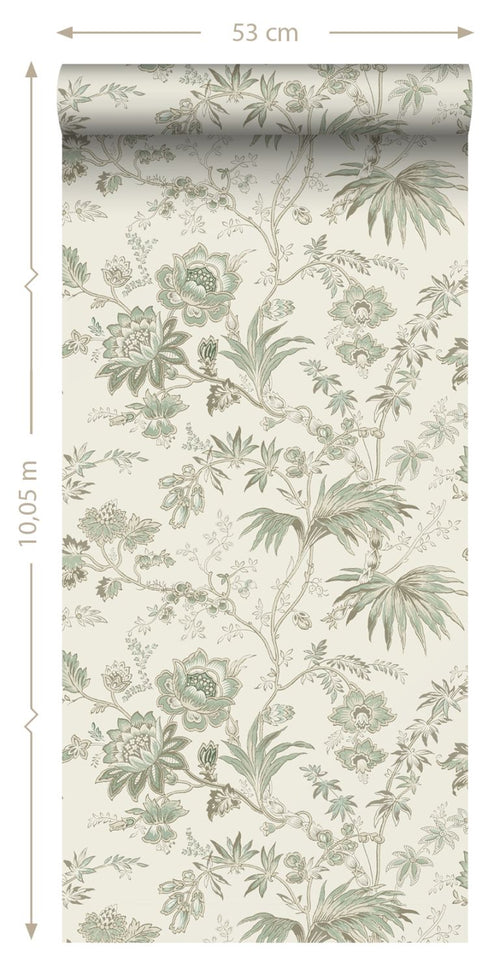 ESTAhome behang vintage bloemen crème en vergrijsd groen - 53 cm x 10.05 m - 139400