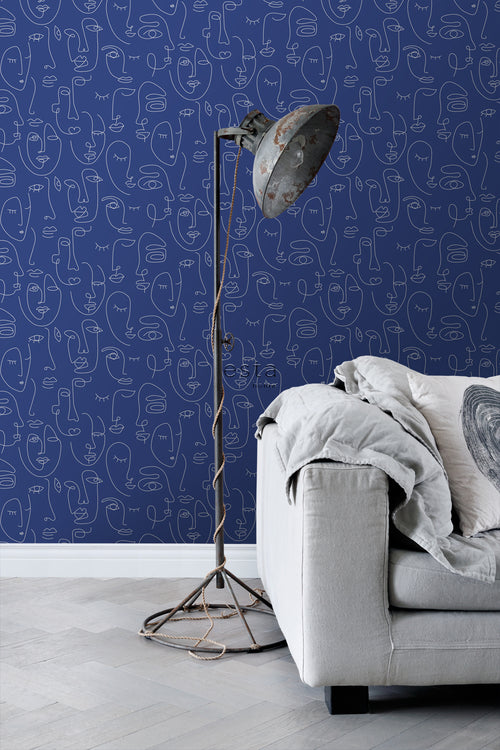 ESTAhome behang line art gezichten kobaltblauw - 50 x 900 cm - 139434