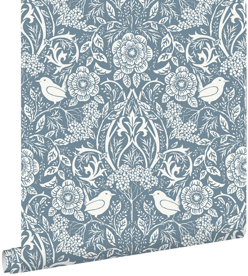 ESTAhome behang bloemen en vogels in art nouveau stijl vergrijsd blauw - 53 cm x 10.05 m - 139477