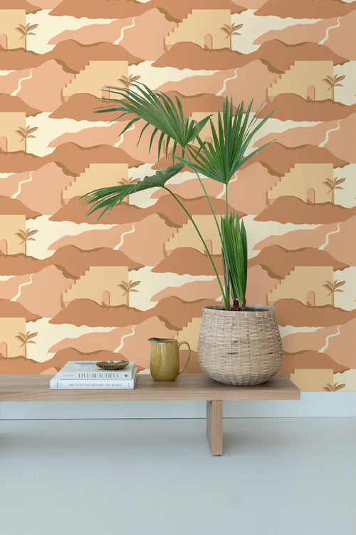 ESTAhome behang mediterrane huisjes beige en terracotta roze - 50 x 900 cm - 139625 - vtwonen shop