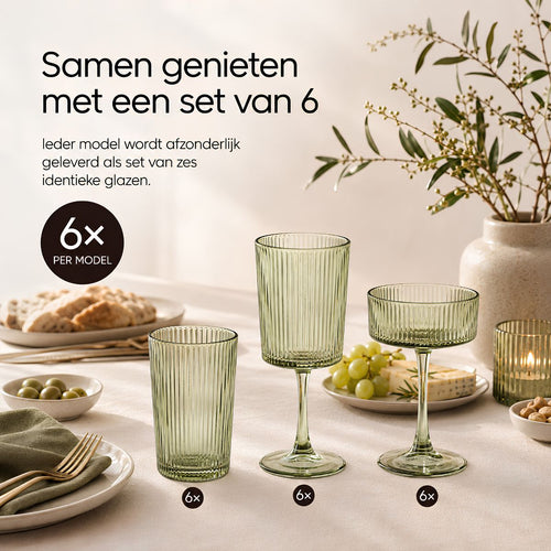 Mica Decorations Grigio Wijnglas Groen - Wijnglas met Subtiele Ribbelstructuur - Glazen Wijnglas voor Wijn, Water en Feestelijke Drankjes - Rond Model