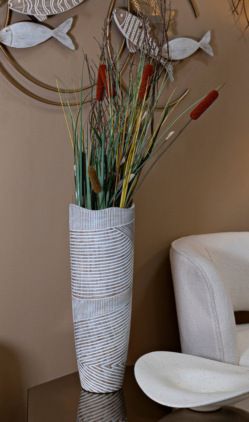 Witte resin vaas met houtnerf ontwerp Ø 19x55 cm