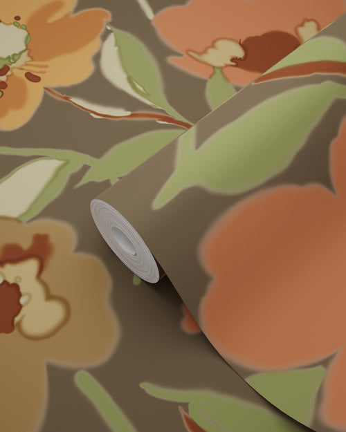 ESTAhome behang bloemen oranje en vergrijsd groen - 50 x 900 cm - 130990 - vtwonen shop