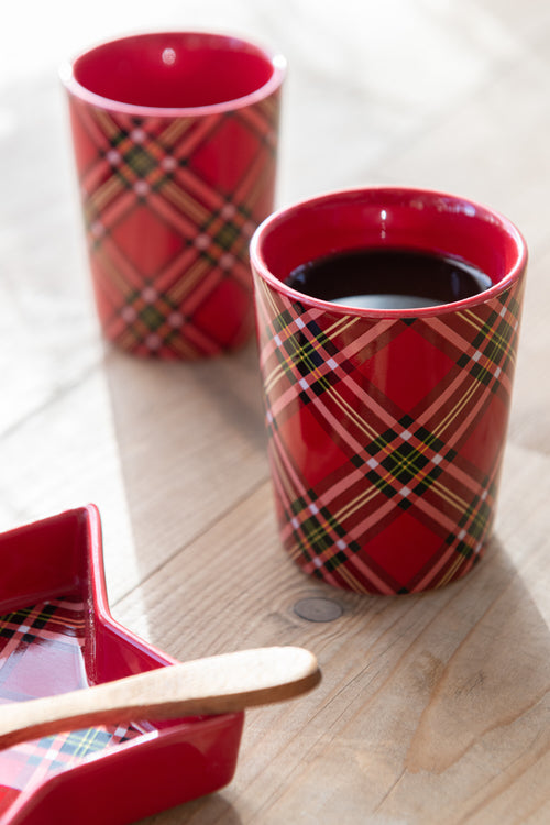 J-Line kopje Plaid - keramiek - rood - doos van 2 - vtwonen shop