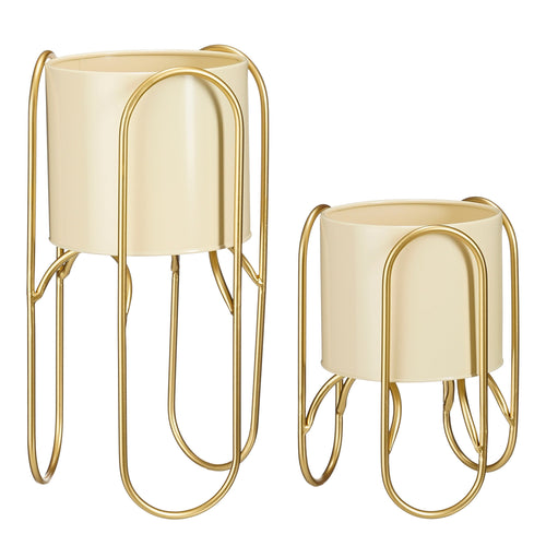 Mica Decorations Donau Bloempot op Standaard - Set van 2 - Metaal - H45 x Ø23 cm - Lichtgeel, Goud - vtwonen shop