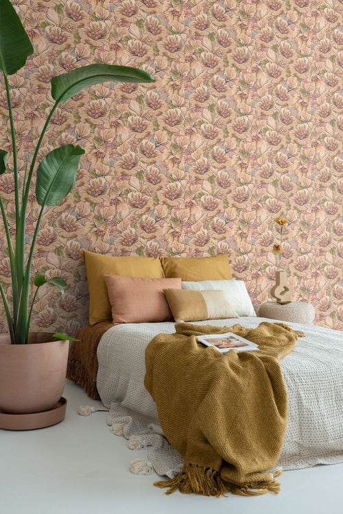 ESTAhome behang geborduurd bloemmotief bruin, beige en oudroze - 50 x 900 cm - 131295