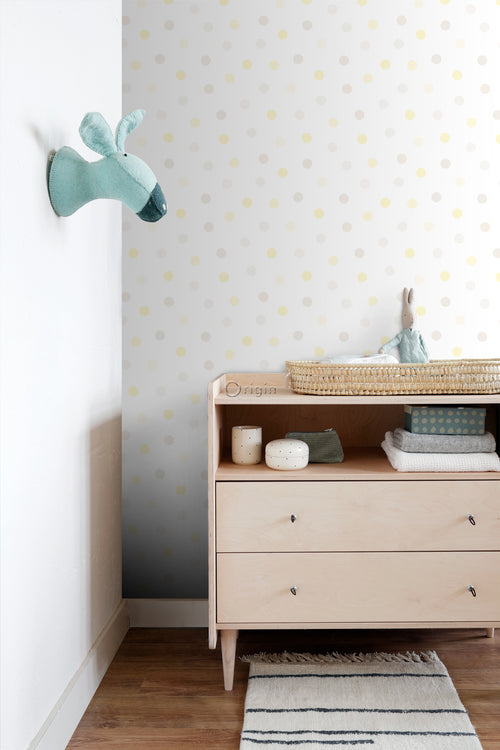 Origin Wallcoverings behang stip pastel geel, licht warm grijs en licht crème beige - 53 cm x 10,05 m - 347512 - vtwonen shop