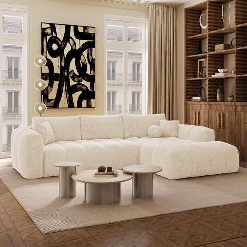 Premium Interiors - Rechthoekige hoekbank met slaapfunctie en opbergruimte SKY - kruisweefsel  crème 310cm