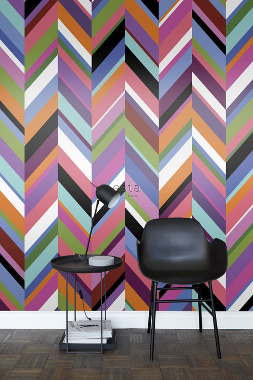 ESTAhome XXL behang zigzag motief groen, roze, paars en blauw - 50 x 900 cm - 158912