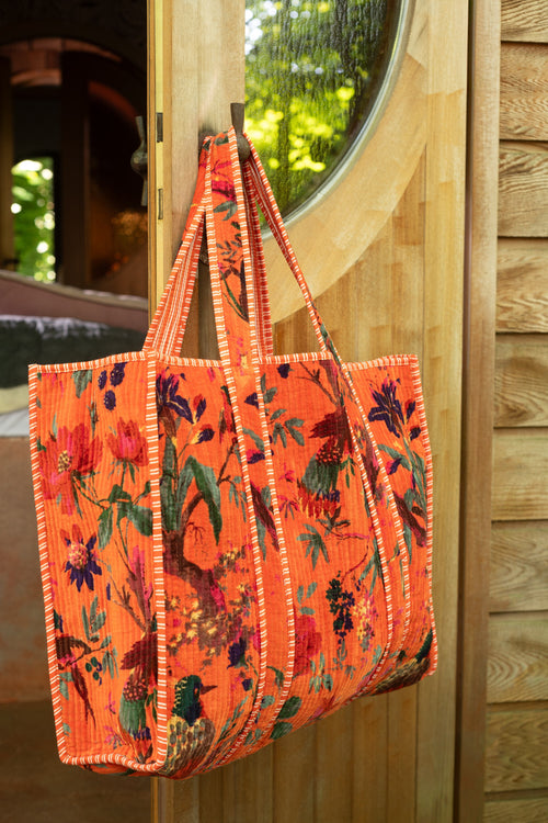 J-Line tas Vogels/Bloemen - katoen/fluweel - oranje - vtwonen shop