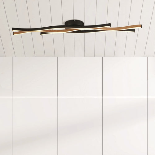 Bloom Swirl LED-plafondlamp, zwart met houteffect