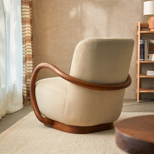 Tikamoon Draaifauteuil van massief mindihout en ecru stof - Beige