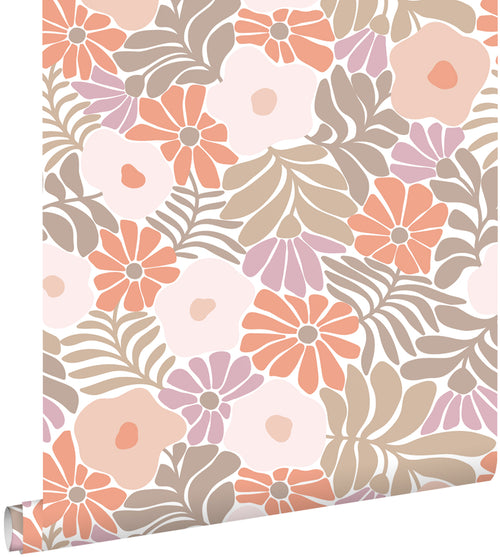 ESTAhome behang bloemen in Matisse stijl oranje, paars en licht roze - 50 x 900 cm - 131003 - vtwonen shop