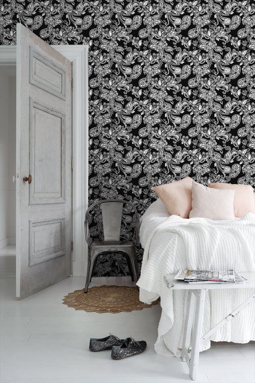 ESTAhome behang funky bloemen en paisleys zwart en wit - 53 cm x 10.05 m - 136844
