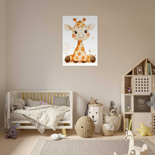 Artfulprints Poster Schattige baby giraffe   - 70x100 cm - Geel
