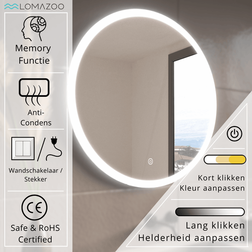 LOMAZOO badkamerspiegel Helsinki - met LED verlichting & spiegelverwarming - rond - 70 cm