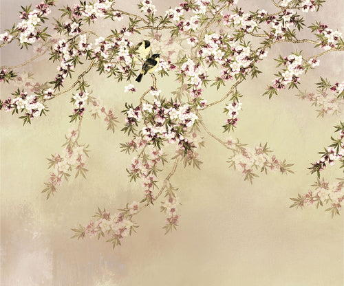 Komar fotobehang bloemen en vogels beige - 300 x 250 cm - 611198