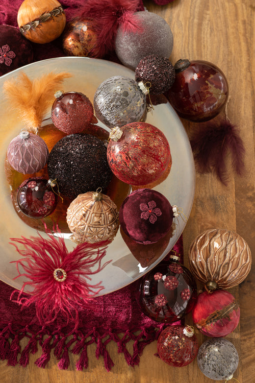 J-Line kerstbal Bloemen - fluweel/glas - burgundy - large - doos van 4
