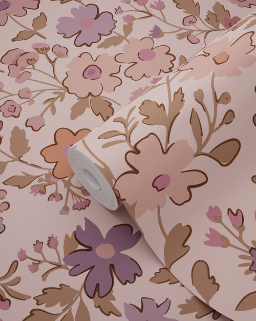 ESTAhome behang bloemetjes donker paars en roze - 50 x 900 cm - 131322 - vtwonen shop