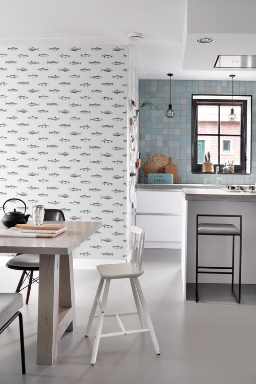 ESTAhome behang pentekening vissen wit en zwart - 53 cm x 10.05 m - 138967